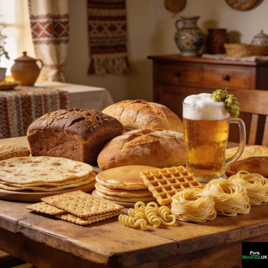 A Polish dining table displaying triticale foods including whole-grain breads, flatbreads, crackers, pancakes, waffles, fresh pasta, noodles, and a glass of craft beer.