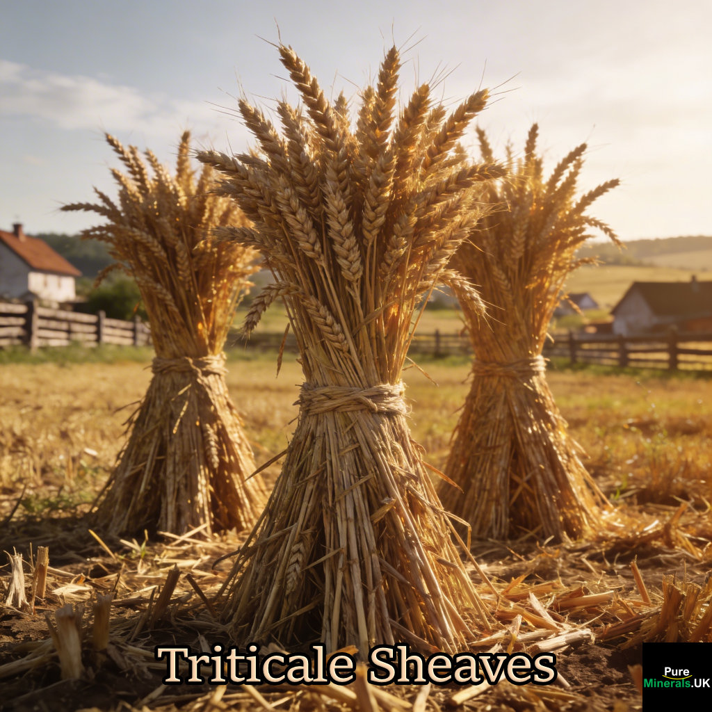 Bundles of harvested triticale sheaves tied together and standing in a Polish field under soft sunlight.
