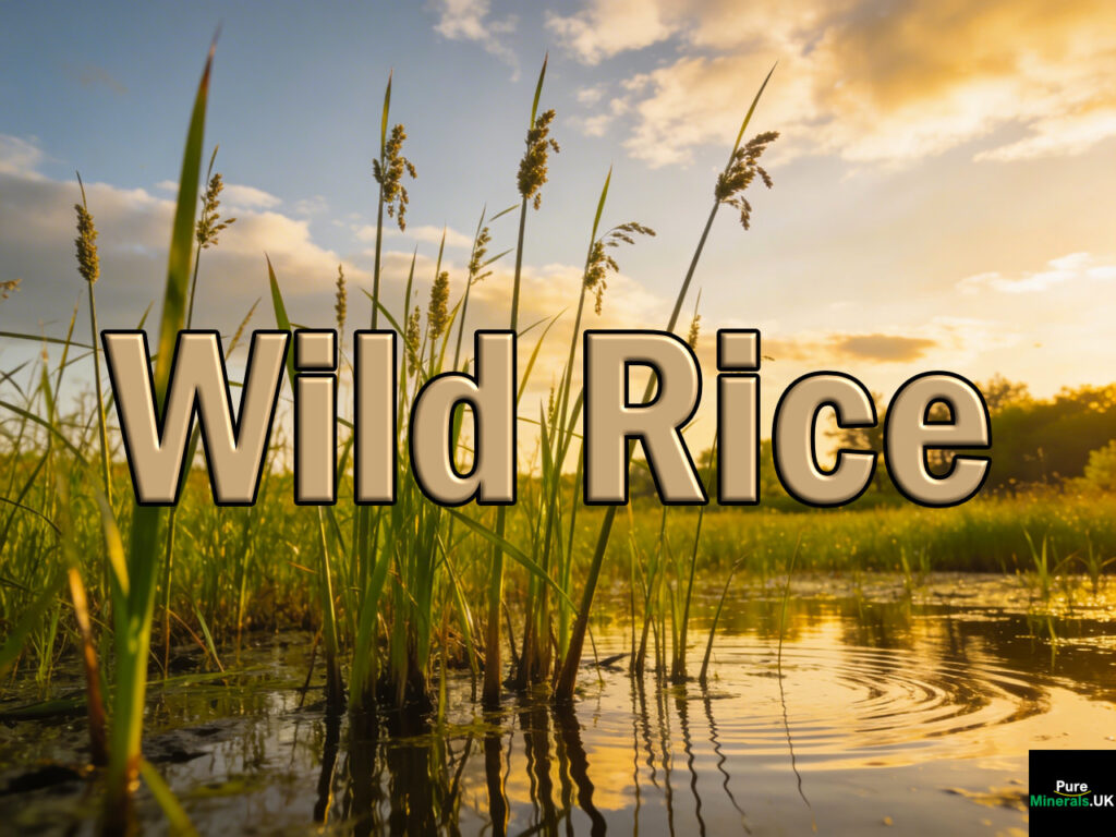 Tall wild rice plants growing in a shallow flooded paddy in Minnesota with calm water reflections and a natural wetland landscape.