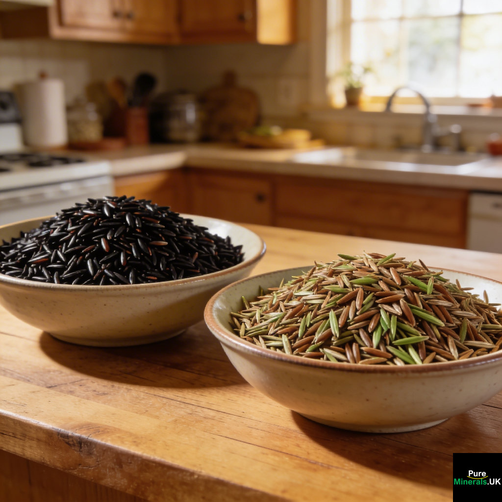 Two bowls of wild rice in a Minnesotan kitchen, one with dark, glossy black grains and the other with lighter brown-green hand-harvested grains.