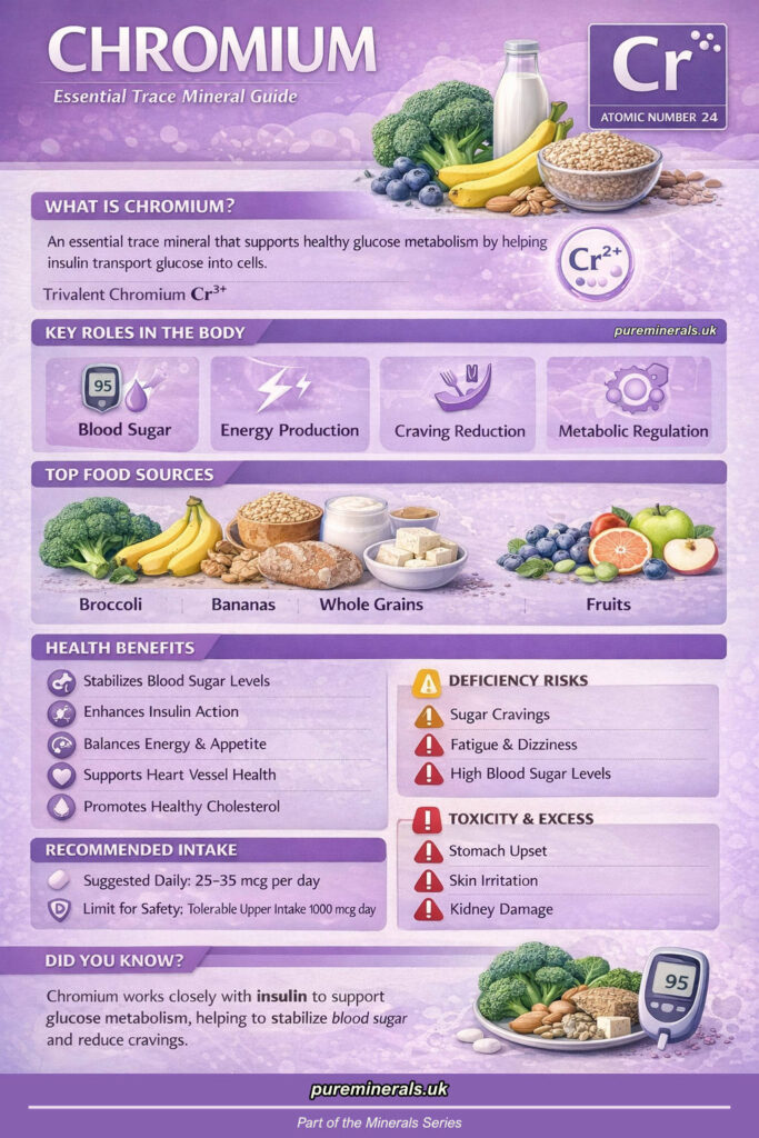Chromium trace mineral infographic showing blood sugar control, insulin function, food sources, and recommended daily intake