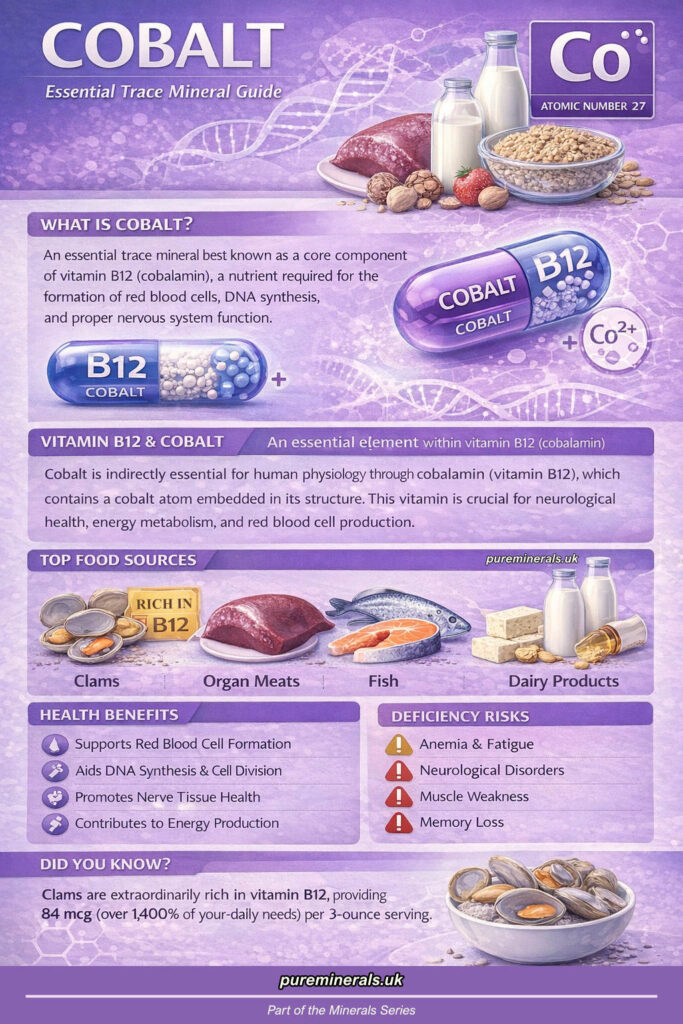 Cobalt trace mineral infographic showing its role in vitamin B12, red blood cell formation, nerve function, and food sources