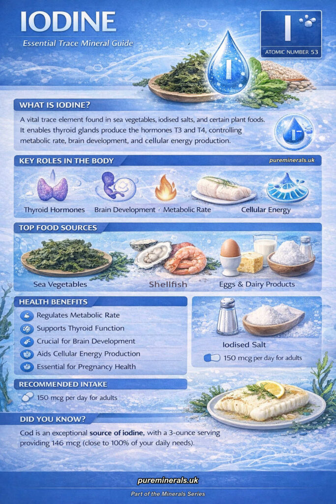 Iodine trace mineral infographic showing thyroid function, metabolism, brain development, food sources, and daily intake