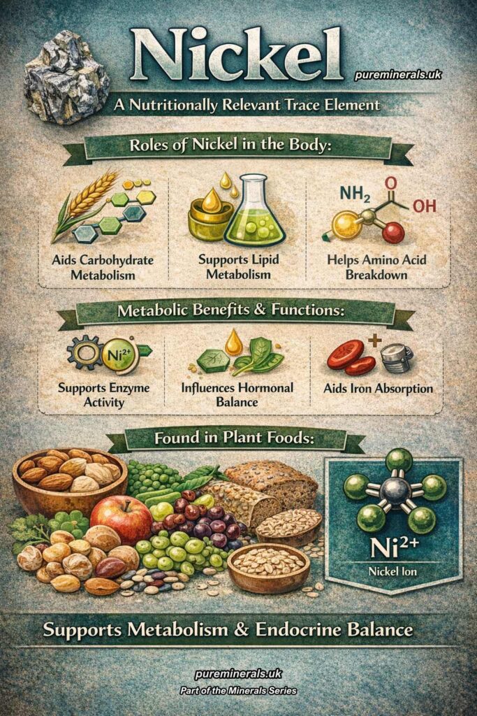 Infographic showing nickel as a trace element, highlighting its roles in carbohydrate and lipid metabolism, amino acid breakdown, enzyme activity, hormonal balance, and iron absorption, with plant-based food sources such as nuts, grains, legumes, and fruits.