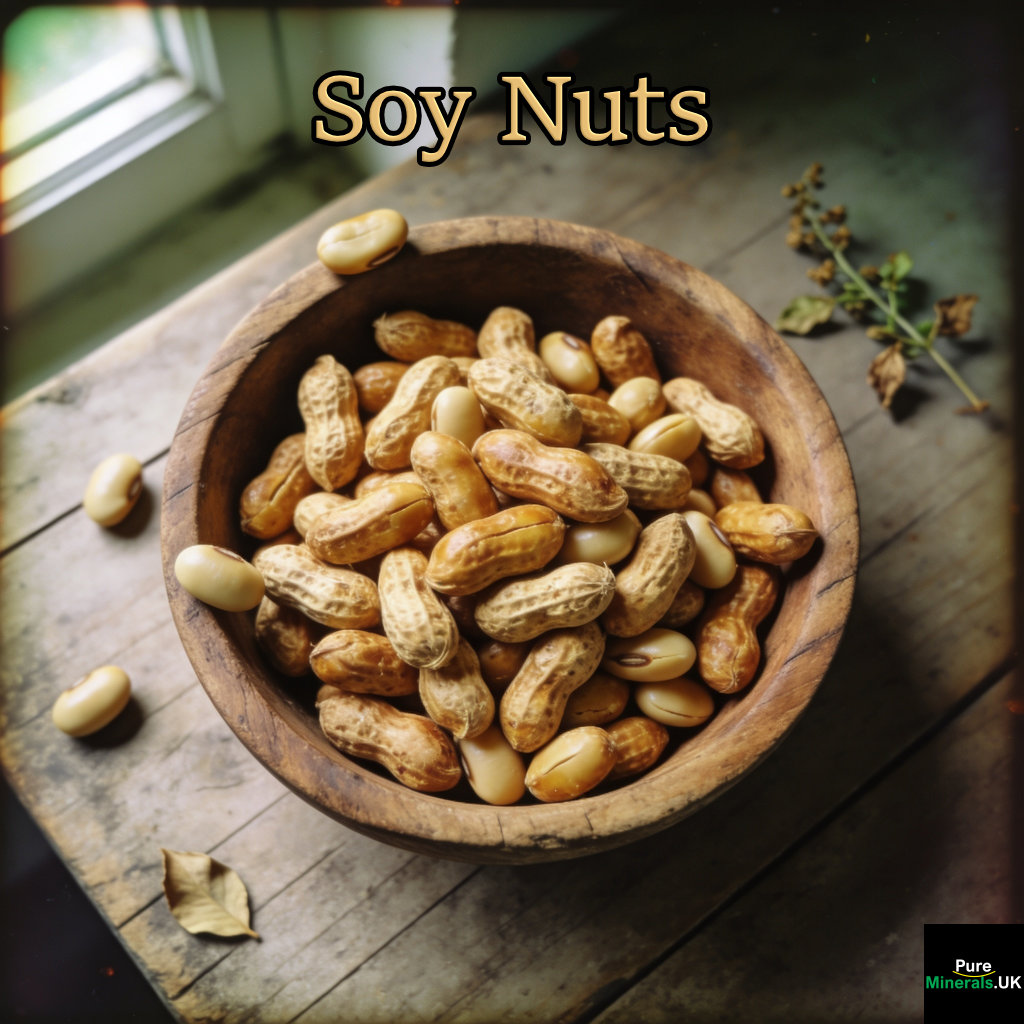 A bowl of soy nuts in a farmhouse kitchen.