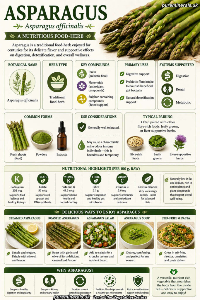 Infographic explaining asparagus (Asparagus officinalis) as a traditional food-herb, highlighting its inulin, flavonoids, sulphur compounds, digestive and detoxification support, nutritional benefits, and culinary uses such as salads, soups, roasting, and stir-fries.