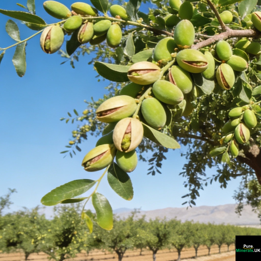 The pistachio tree (Pistacia vera) is native to regions of Central Asia and the Middle East and has been cultivated for thousands of years. Commercial planting involves creating dense, organized rows (often 120 trees per acre) and using machinery to harvest when shells split. California dominates production (99% of U.S. output), with over 428,000 acres devoted to the crop, largely due to large-scale operations in regions such as Kern County.