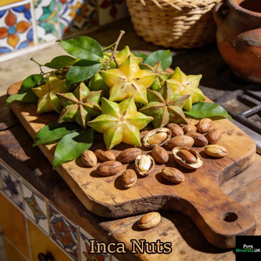 Ripe star-shaped Plukenetia volubilis fruits and the seeds (Inca nuts) in a Brazilian kitchen.
