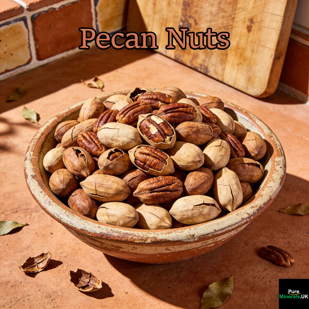 A close-up of freshly picked pecan nuts in a bowl in a New Mexico kitchen.
