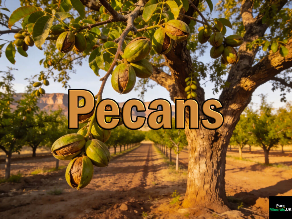 Pecan nuts on a Carya illinoinensis tree in a New Mexico pecan orchard. Pecans are a long-term investment, with orchards managed for decades.