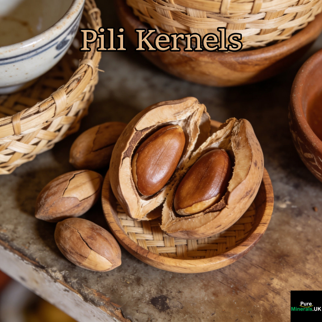 Pili fruit opened, with the kernels extracted, ready for roasting.