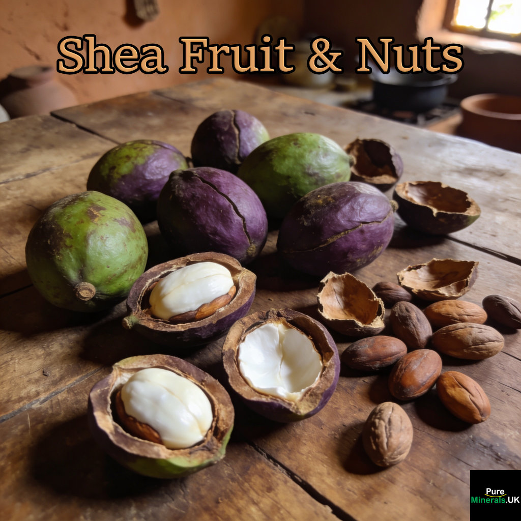 Some shea fruits can appear purplish or dark brown when they are fully ripe. While the fruit is typically green during its development, it turns yellowish-green and eventually matures to a brownish or purple-brown color upon ripening. The vast majority of shea nuts are processed into shea butter (or shea oil), which is used as a moisturizer in cosmetics (soaps, lotions) and as a cocoa butter substitute in food manufacturing.