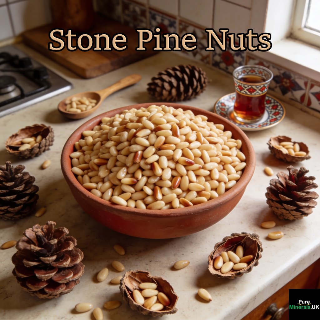 Pinus pinea pine nuts in a bowl, extracted from Pinus pinea cones in a Turkish kitchen.