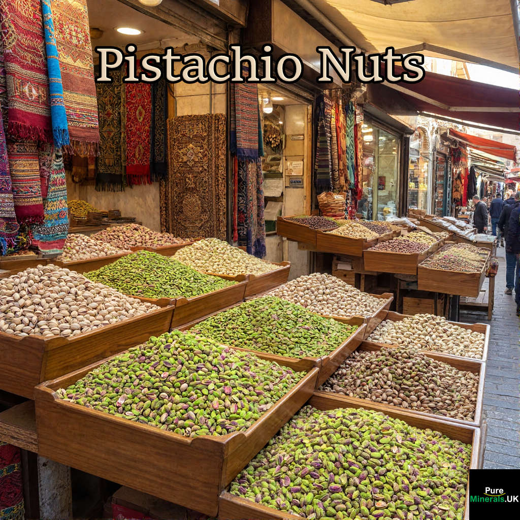 A Turkish market stall displaying piles of pistachio nuts in wooden bins under a colorful awning, with a busy bazaar in the background.