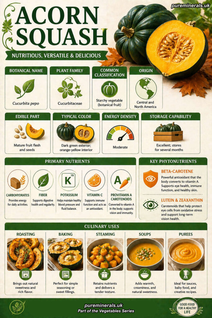 Infographic explaining acorn squash (Cucurbita pepo), showing its classification as a starchy vegetable, nutrient profile including fiber, potassium, vitamin C, provitamin A carotenoids, and culinary uses such as roasting, baking, steaming, soups, and purees.